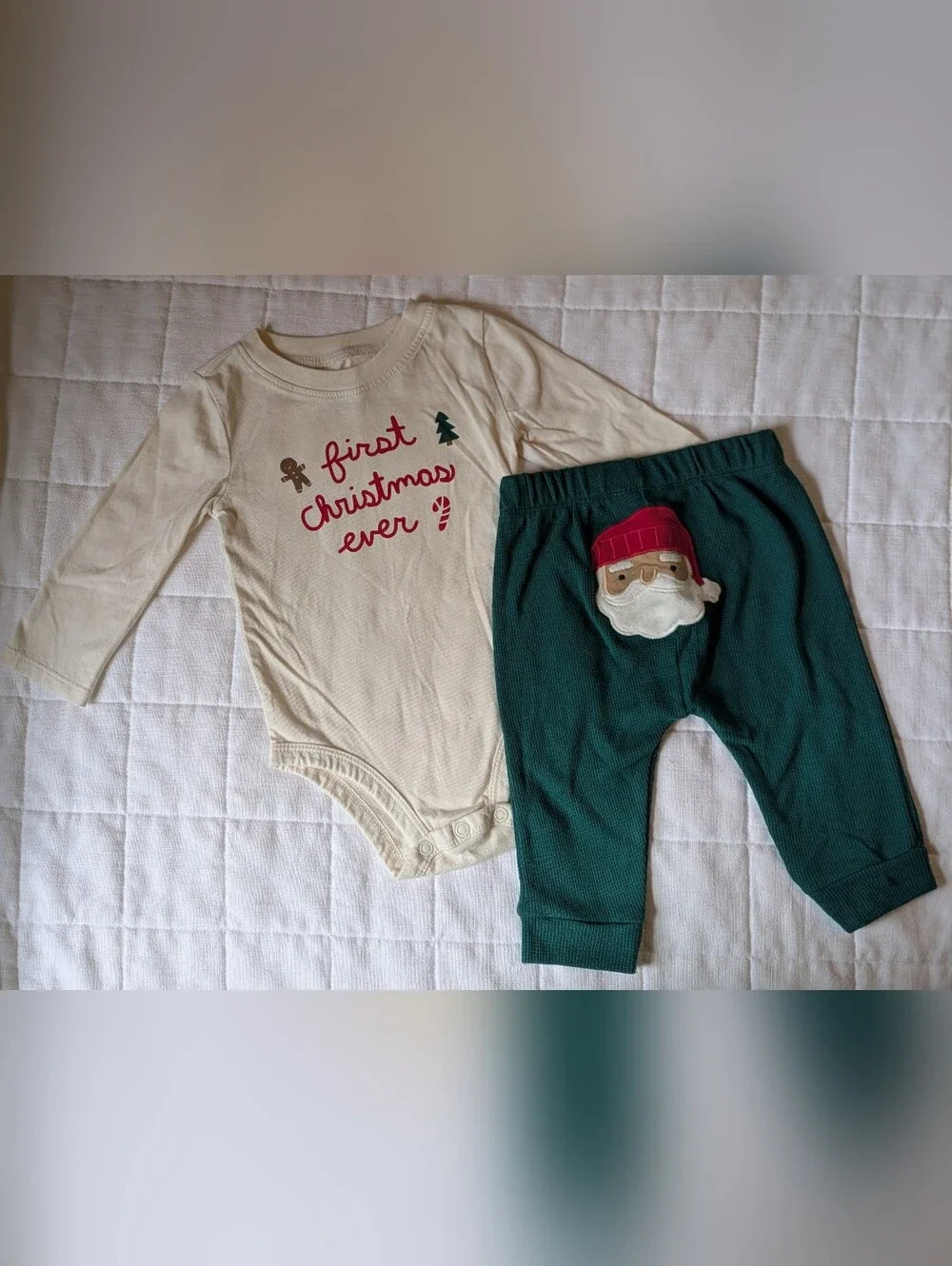 Carter's Green & Cream Holiday Bodysuit with Festive Stitching - First Christmas